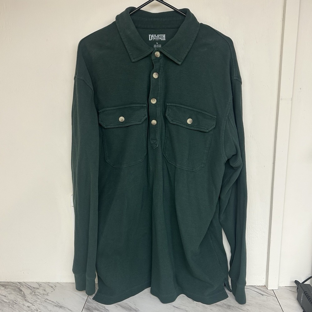 Duluth Trading Sweater Men's Large Green Ribbed Cotton Long Sleeve Polo Heavy